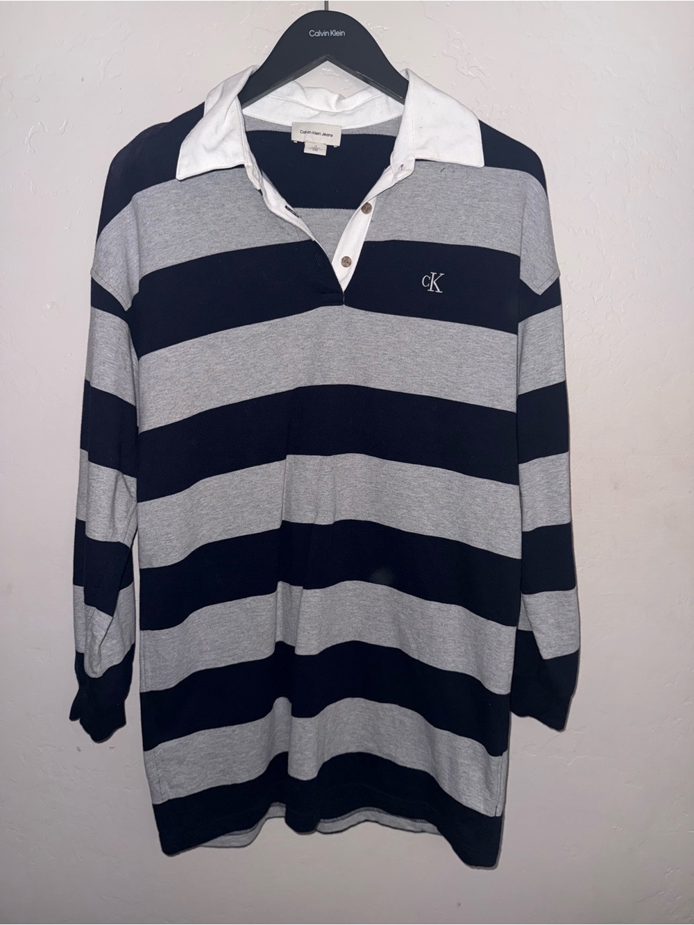 Calvin Klein Navy and Gray Striped Rugby Mini Shirt Dress